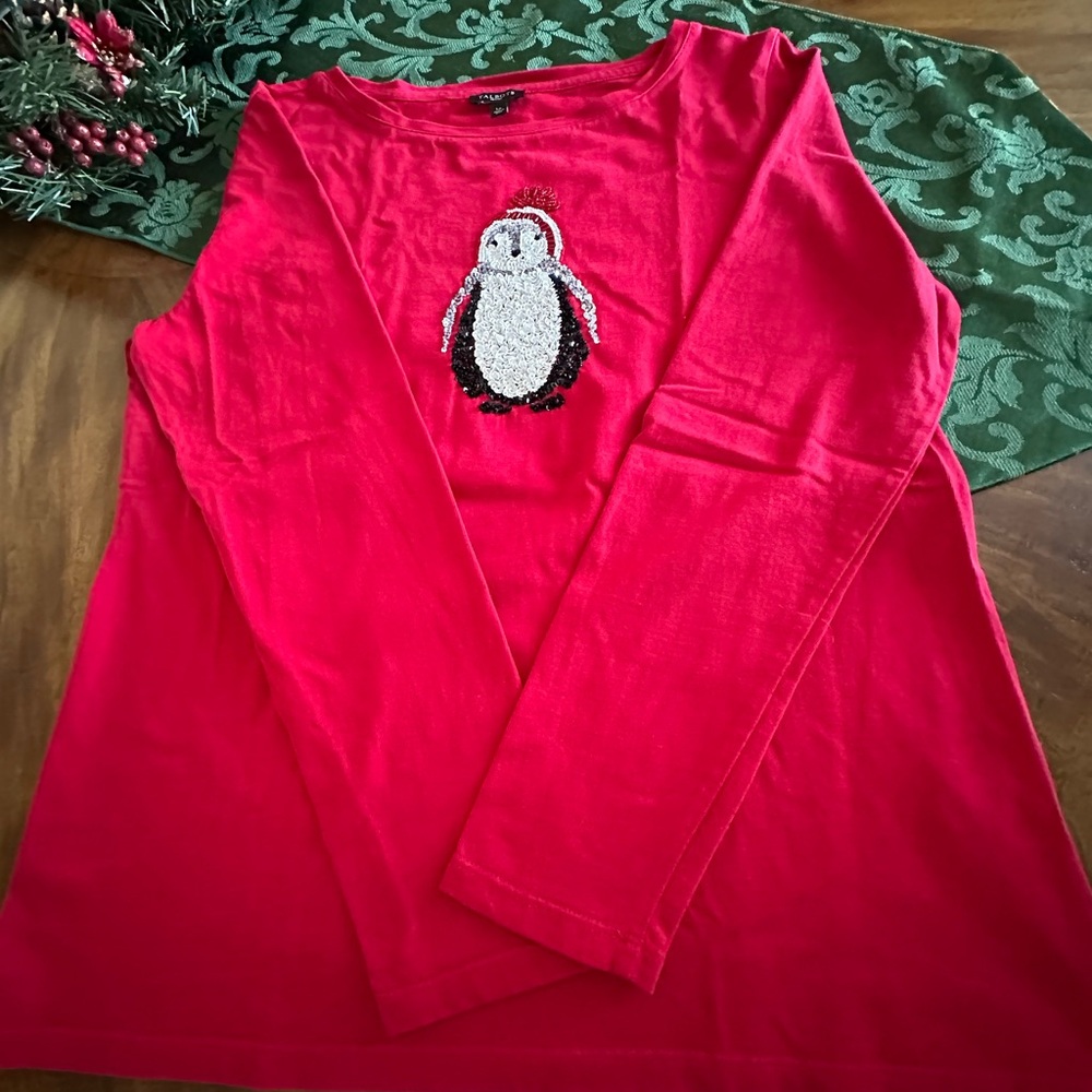 Red Penguin Sequinned Long Sleeve Top